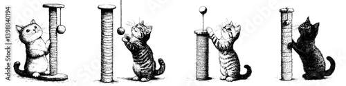 Playful kittens engaging with scratching posts in a cozy indoor setting during the afternoon