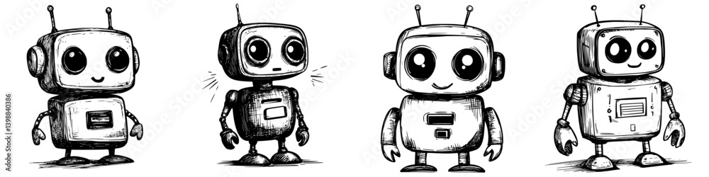 Naklejka premium Various cute cartoon robots with different expressions and styles displayed side by side for creative inspiration and character design