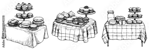 Dessert tables filled with assorted cupcakes, cookies, and pastries during a festive gathering