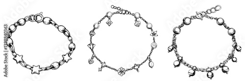 Unique handmade bracelets featuring stars, hearts, and various charms displayed together in a creative arrangement