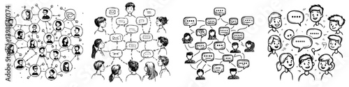 Illustration showing diverse people engaged in various forms of communication and social interaction in a collaborative environment