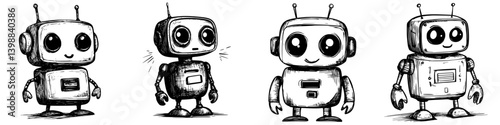 Various cute cartoon robots with different expressions and styles displayed side by side for creative inspiration and character design