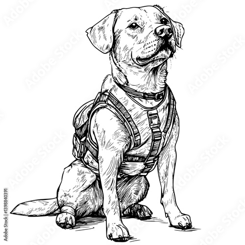 Loyal dog wearing a harness sits attentively while carrying a backpack in an outdoor park setting