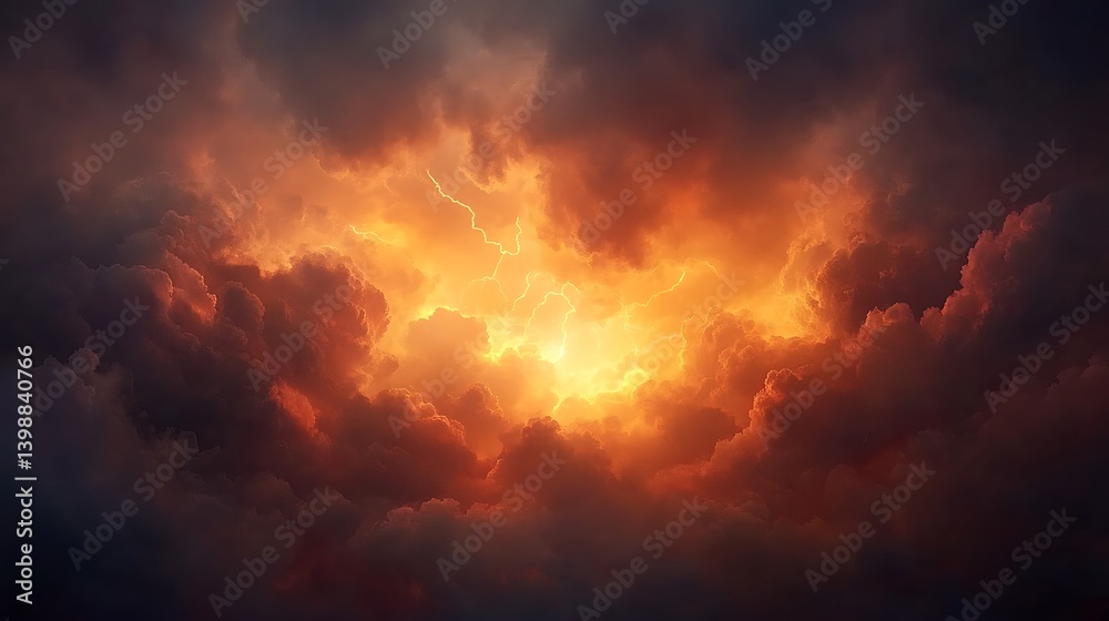 A dramatic view of intense lightning illuminating a fiery sky. A dramatic view of intense lightning illuminating a fiery sky.
