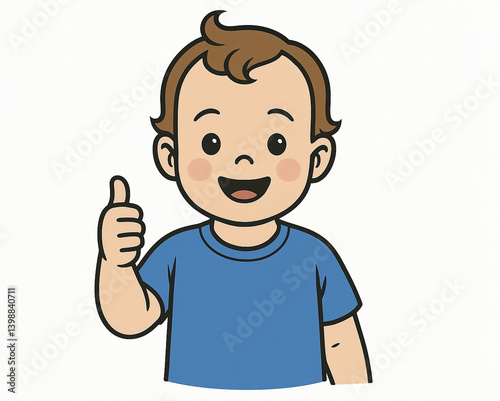 Cheerful toddler giving a thumbs up in blue shirt