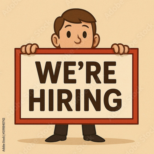 A person is holding a large hiring sign, smiling confidently. This is an invitation to join our team in a dynamic work environment.