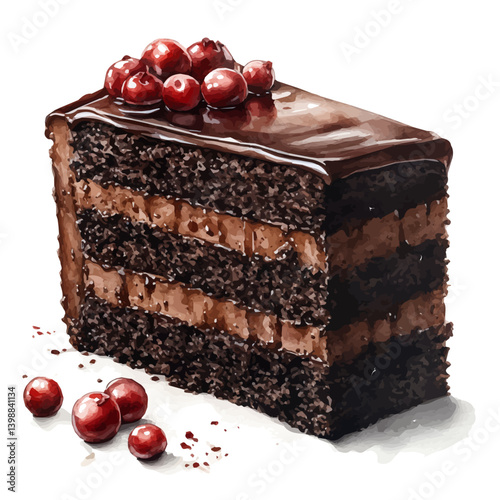 Sacher Torte, vector watercolor illustration, isolated on a white background.