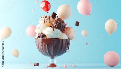 A joyful celebration chocolate and ice cream with pastel balloons floating above a giant dessert sundae.
