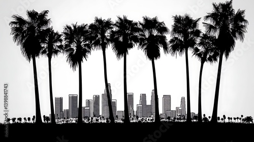 Silhouette of palm trees and los angeles skyline