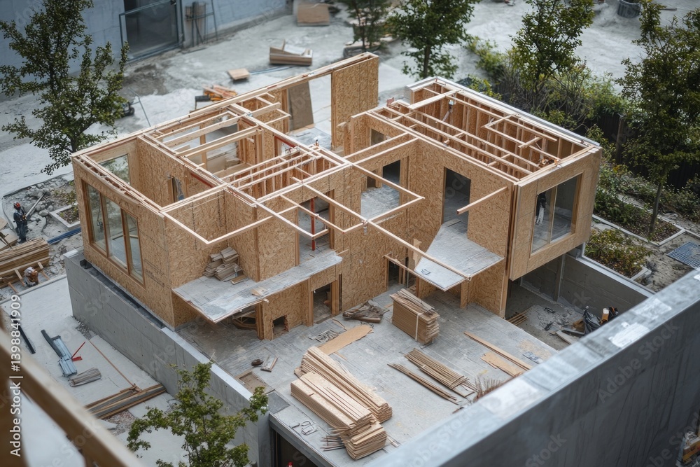 Modern house under construction with wooden frame, OSB panels, tools, workers and building materials Modern house under construction with wooden frame, OSB panels, tools, workers and building materials