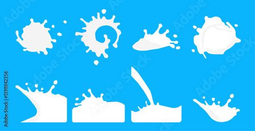 Milk splash falling milky drop blots. Set of milk splashes isolated on blue background. Cartoon milk splash. White melt drips. yogurts drop