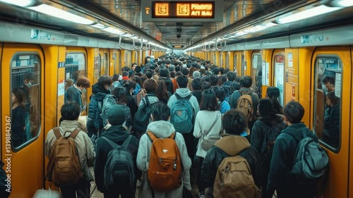 Rush Hour Subway: A bustling subway train scene, packed with commuters amidst vibrant urban transit. Capturing the energy of daily commute and the pulse of a city.