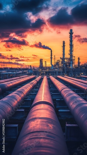 Industrial Pipelines and Refinery at Sunset