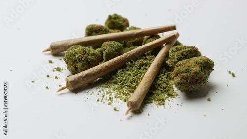 Medical marijuana buds with joint spinning on white background, 360 degrees rotation. Cannabis is a herbal or alternative medicine