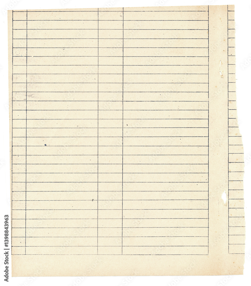 Naklejka premium Old grungy piece of note paper with torn and folded edges. Vintage blank page of notebook. Aged lined sheet of paper. Empty sheet paper with horizontal and vertical lines.