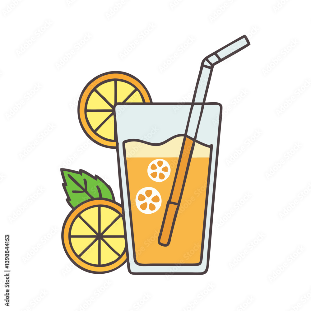 Illustration of fresh orange juice in glass with straw and orange slices for summer drink on transparent background Illustration of fresh orange juice in glass with straw and orange slices for summer drink on transparent background