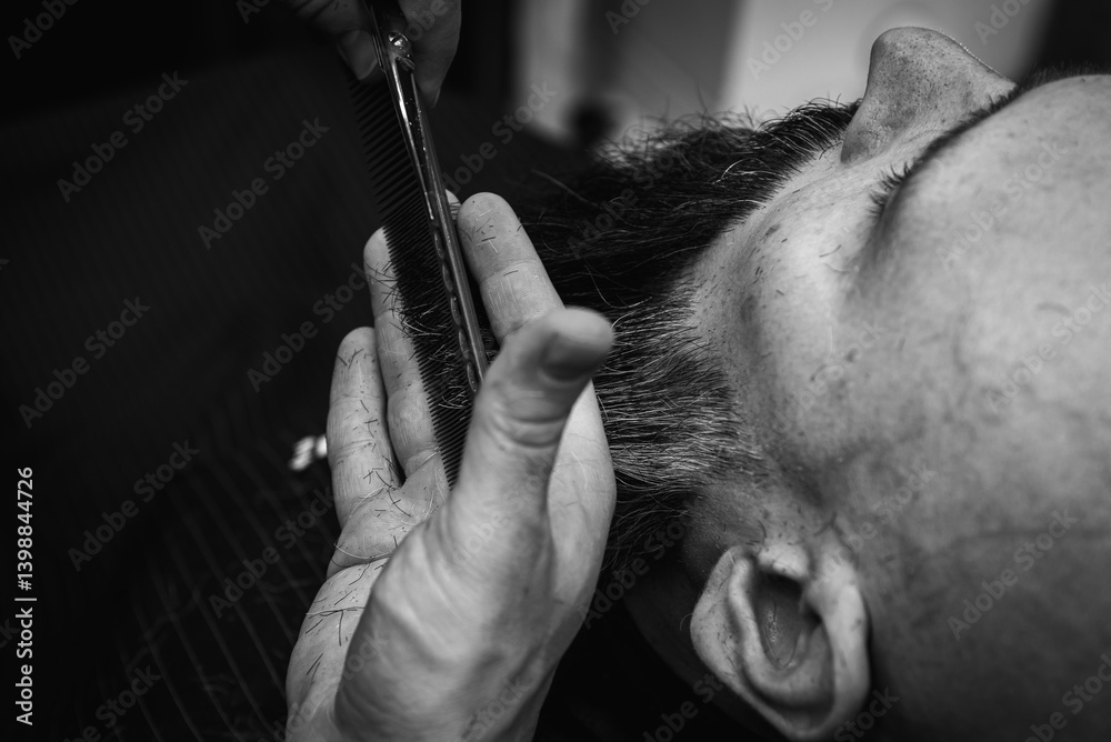 Black and white classic vintage photo, close-up, barber trimming beard with electric clipper, hair scissors in modern barbershop. Professional men's grooming and beard care services, selective focus