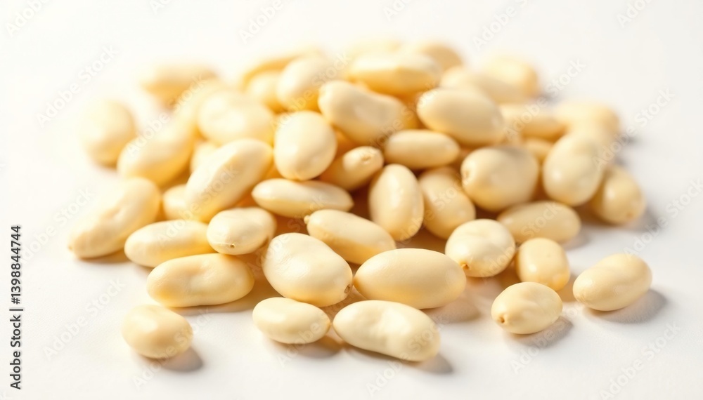 Close-up of dried white beans on white background, white, vegetarian, agriculture Close-up of dried white beans on white background, white, vegetarian, agriculture