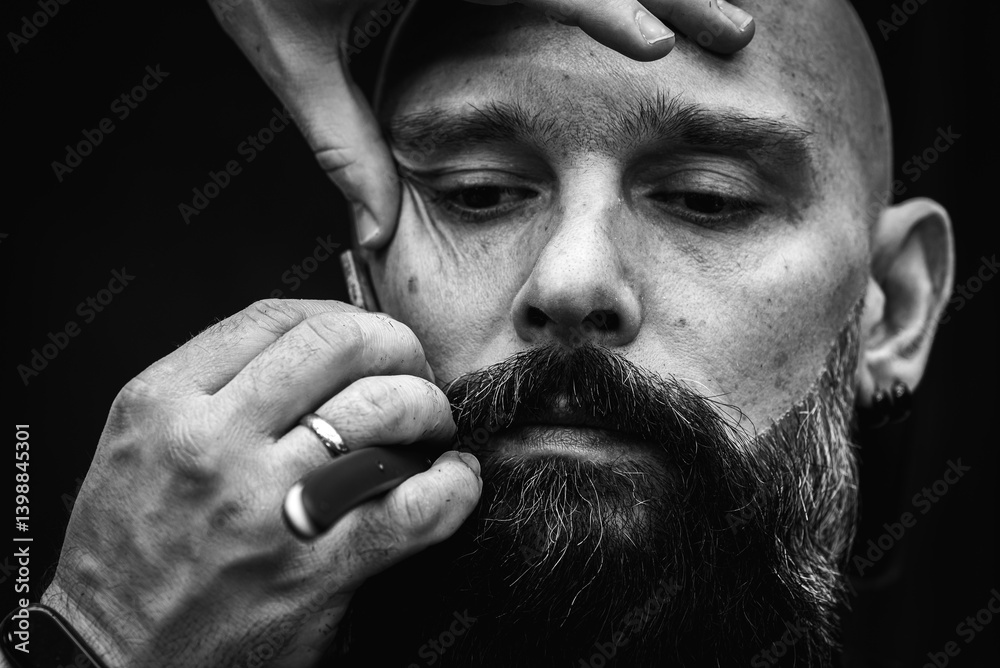 Black and white classic vintage photo, close-up, barber trimming beard with electric clipper, hair scissors in modern barbershop. Professional men's grooming and beard care services, selective focus