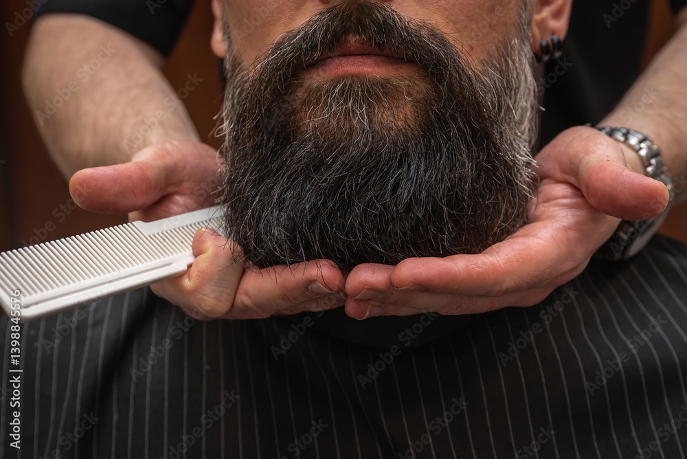 Bearded man at barbershop getting beard groomed and shaped by barber. Close-up of grooming process, professional beard care, stylish male beauty routine