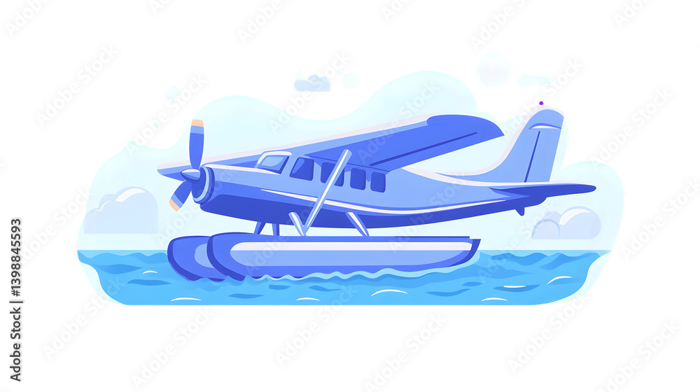 Obraz premium Seaplane Gliding Over Calm Waters with Cloudy Sky Background Ideal for Transportation and Adve