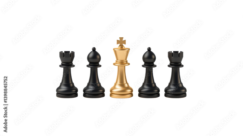 Gold King Piece Surrounded by Black Rooks on a Chessboard Background Gold King Piece Surrounded by Black Rooks on a Chessboard Background