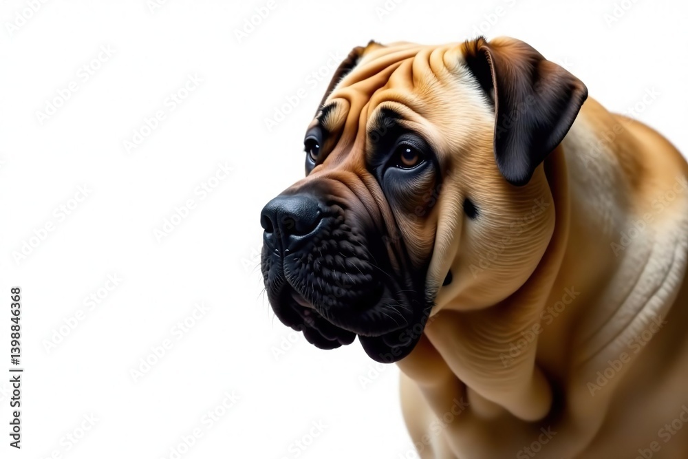 Imposing mastiff, intense gaze, pure white backdrop, wrinkles, dog Imposing mastiff, intense gaze, pure white backdrop, wrinkles, dog