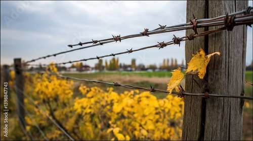 Wallpaper Mural Boundary Concept. Barbed wire fence with vibrant yellow leaves in a serene landscape. Torontodigital.ca