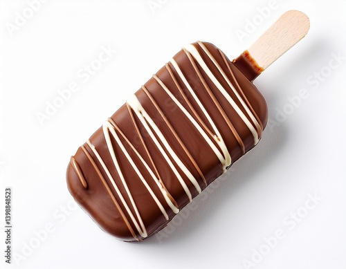 chocolate covered ice cream bar with vanilla and milk chocolate drizzle a frozen dessert for summer indulgence white background