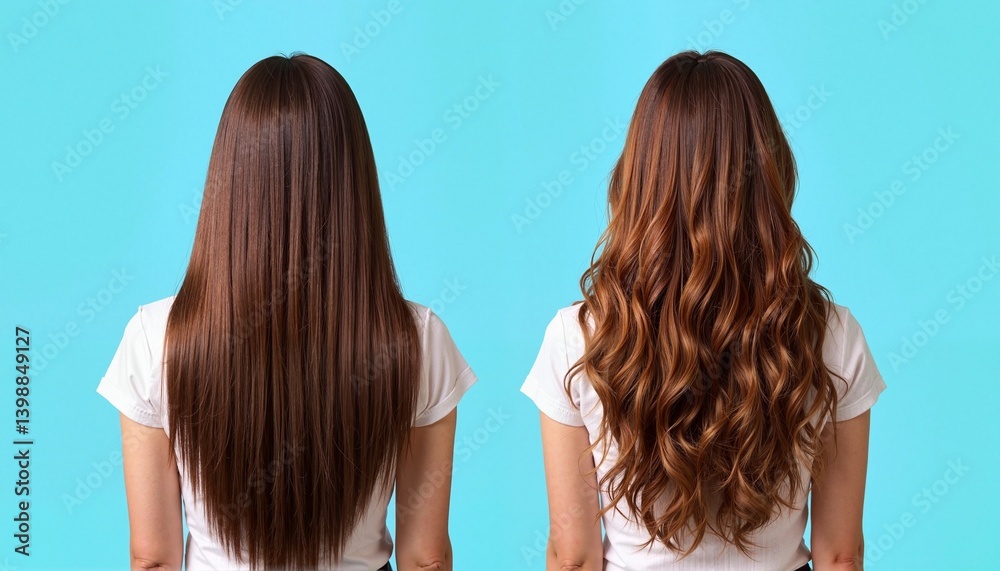 Fototapeta premium Women showcasing straight and wavy hair against a blue background 