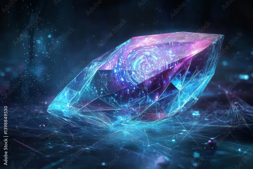 Obraz premium Translucent AI crystal in glowing digital dimension