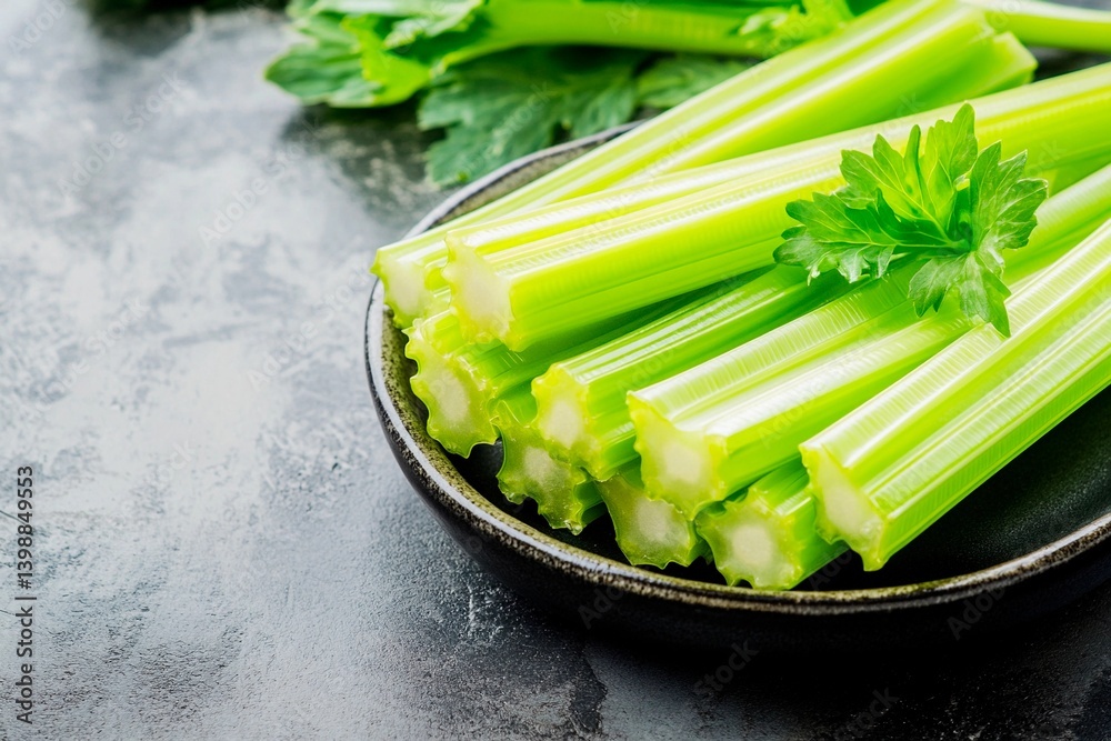 Crisp, bright green celery stalks are neatly arranged on a dark plate, highlighting their freshness. Nearby, vibrant green leafy herbs add to the kitchen's inviting ambiance Crisp, bright green celery stalks are neatly arranged on a dark plate, highlighting their freshness. Nearby, vibrant green leafy herbs add to the kitchen's inviting ambiance
