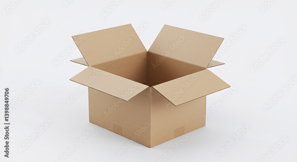 Cardboard box with open flaps, isolated on white background, perfect for packaging, shipping, or branding mockup scenes Cardboard box with open flaps, isolated on white background, perfect for packaging, shipping, or branding mockup scenes