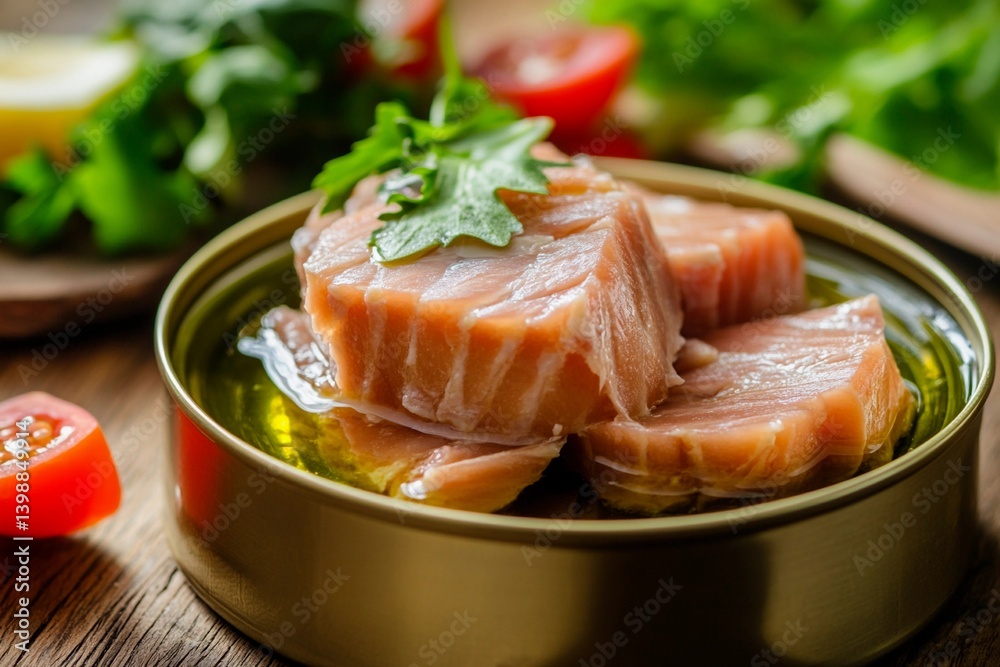 Fresh pink tuna portions are displayed in a gold can alongside chopped tomatoes and leafy greens. The vibrant colors suggest a nutritious meal option perfect for any time of day Fresh pink tuna portions are displayed in a gold can alongside chopped tomatoes and leafy greens. The vibrant colors suggest a nutritious meal option perfect for any time of day