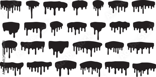 Dripping symbols set. Liquid ink, paint drip and drop. Oil, blood, water etc