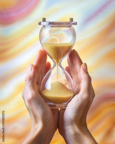 Golden hourglass time passing in gentle hands, abstract background