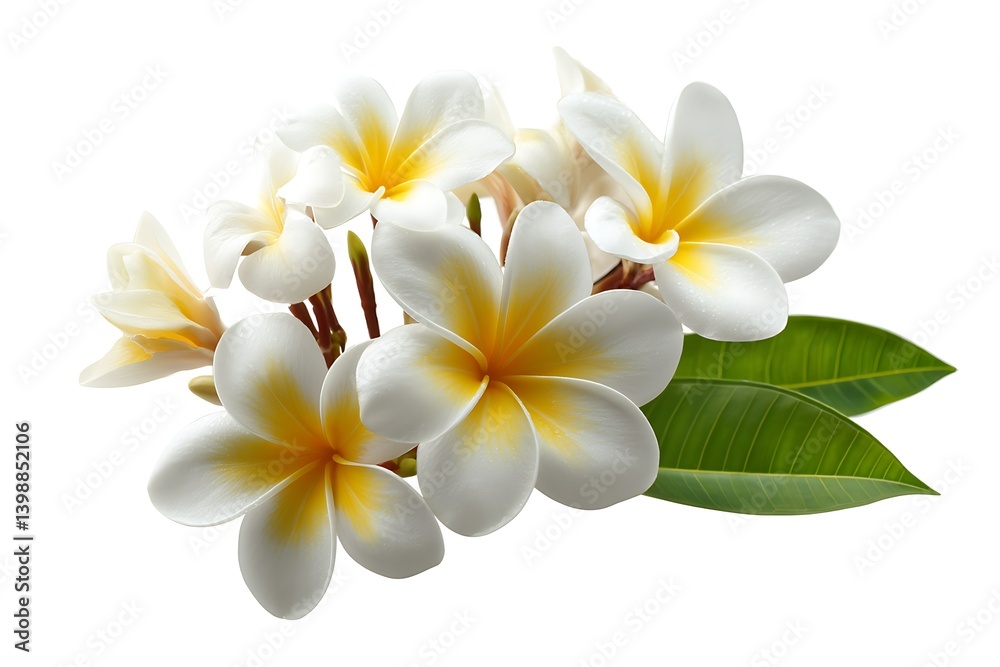Naklejka premium Vibrant plumeria blooms white backdrop 