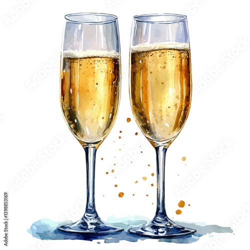 Romantic Champagne Glasses, watercolor vector, isolated on a white background.