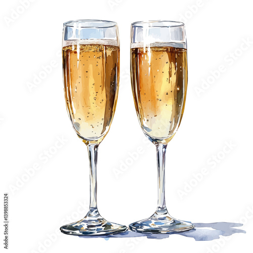Romantic Champagne Glasses, watercolor vector, isolated on a white background.