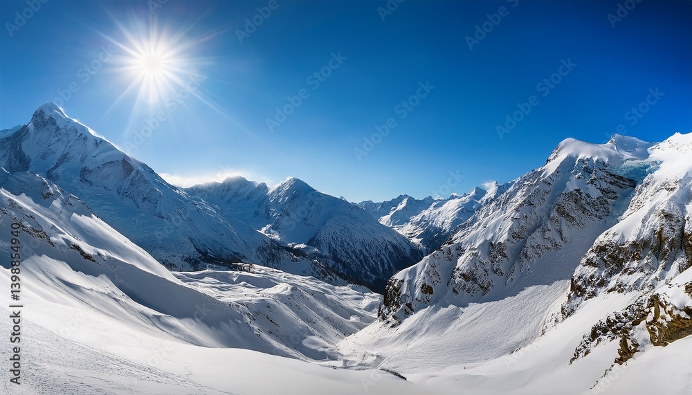 Obraz premium snow covered mountain landscape with clear blue sky and sunlight
