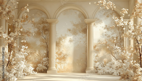 A beige and white backdrop, with a forest theme featuring arches and columns