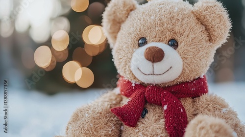 A teddy bear is sitting in the snow with a red scarf around its neck. The scene has a cozy and festive mood, as the teddy bear is dressed up for the winter season