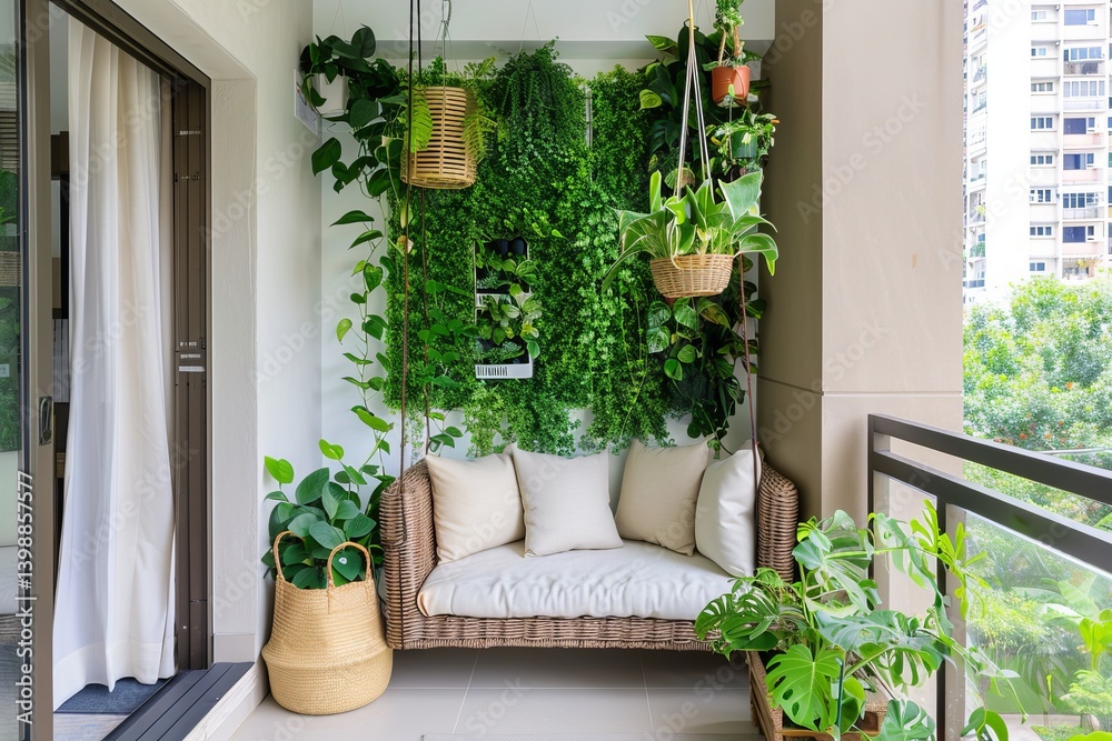 Green oasis on a small balcony with hanging plants, a vertical garden, and a small seating area Green oasis on a small balcony with hanging plants, a vertical garden, and a small seating area