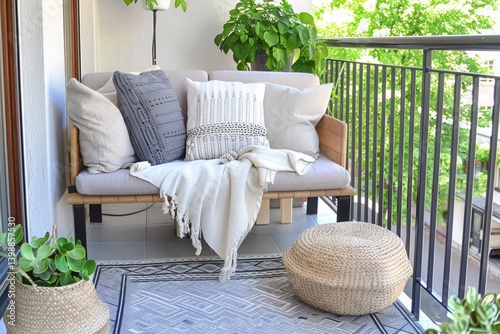 Chic small balcony with a compact sofa, decorative pillows, and a stylish outdoor rug 