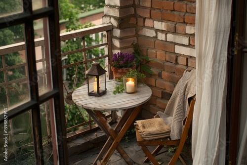 Rustic small balcony with a foldable table, vintage chairs, and lanterns for a cozy evening 