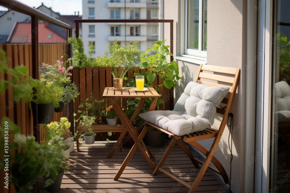 Fototapeta premium Small balcony with a folding chair, a side table, and a few potted plants for a minimalist look