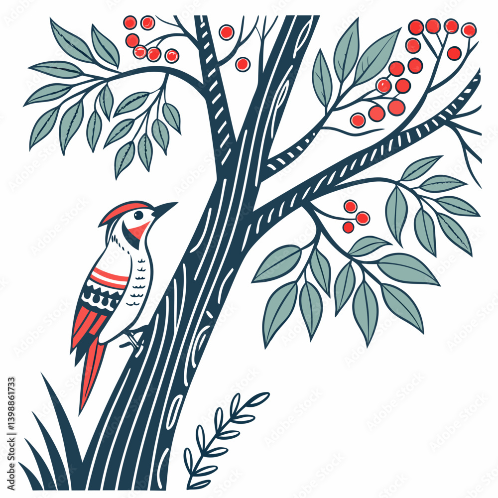 Fototapeta premium Retro Red Crested Woodpecker Bird Tree Berries Vector Graphic