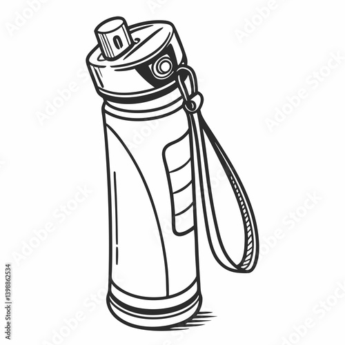 Black and White Water Bottle Vector Line Art Reusable Hydration Drinkware Sketch with Strap