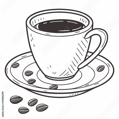 Black and White Line Drawing Coffee Cup Beans on Saucer