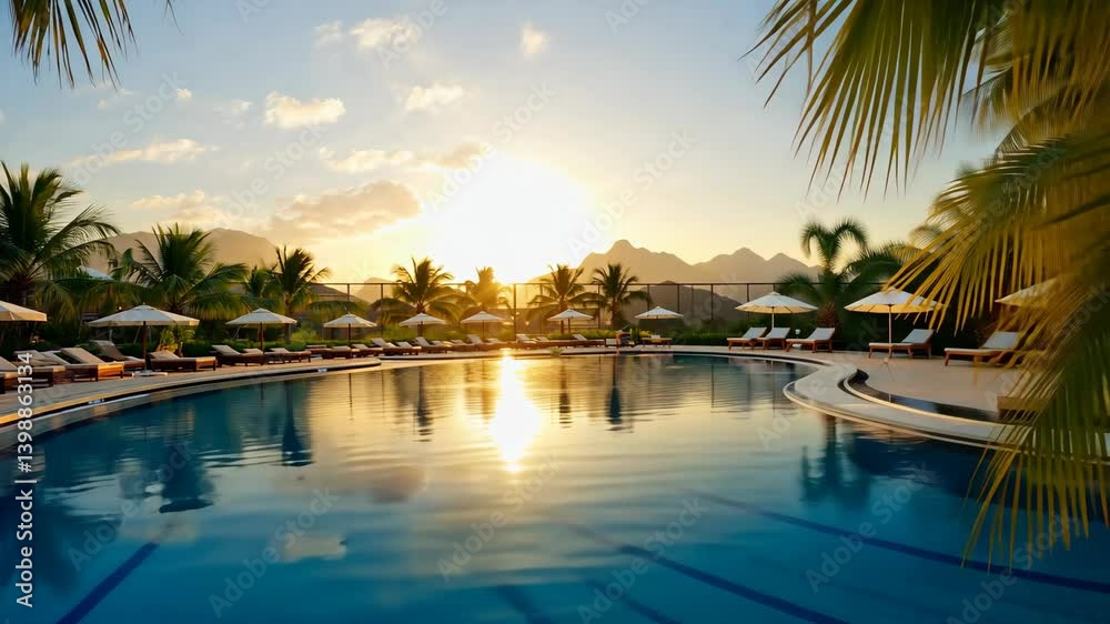 Scenic view of a resort swimming pool reflecting sunset with mountains and palm trees providing a tranquil and idyllic getaway atmosphere